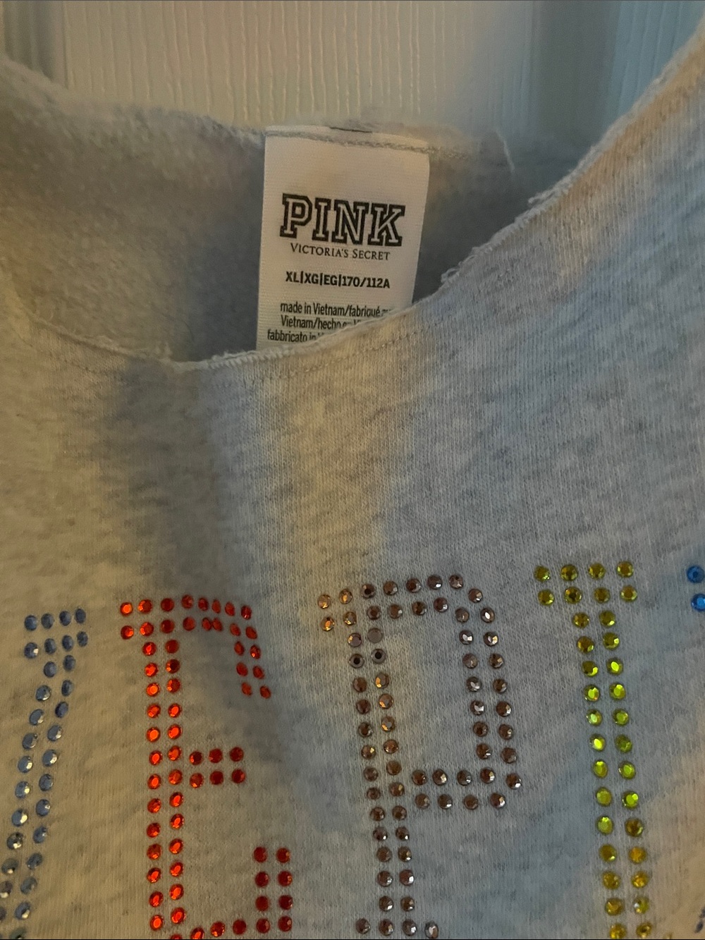 PINK Victoria's Secret Gray Sweatshirt with Multicolor Rhinestone 'LOVE PINK' XL - Picture 2 of 5